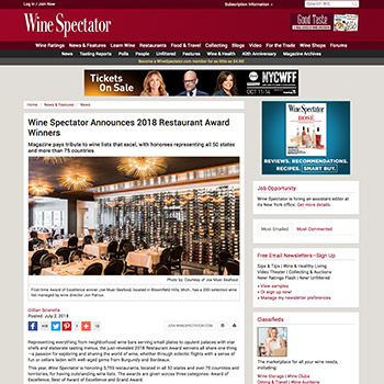 Wine Spectator Announces 2018 Restaurant Award Winners